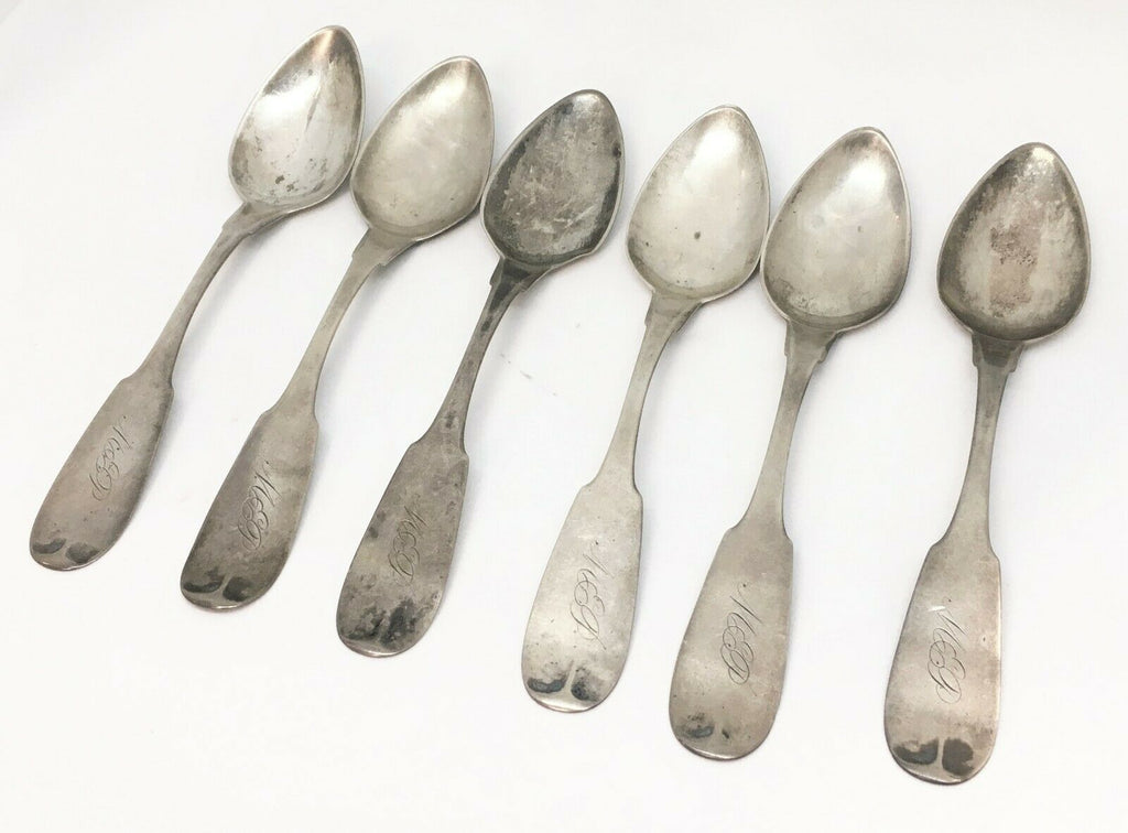 c. 1840 Set of 6 American Coin Silver Teaspoons, N. Roth Utica, NY w/ Orig. Box - MissionGallery