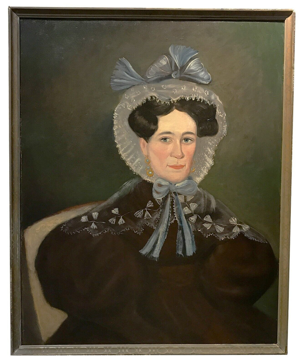 Early 19th c. American Folk Art Portrait Oil Painting Women in a Blue ...