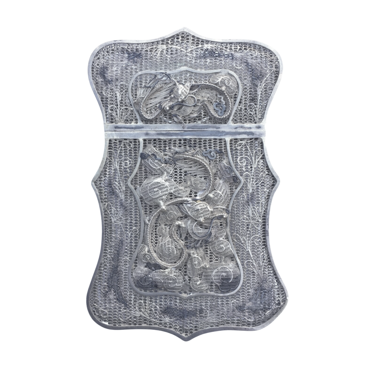 19th C. Chinese Serpentine Edge Solid Silver Filigree Calling Card Cas ...