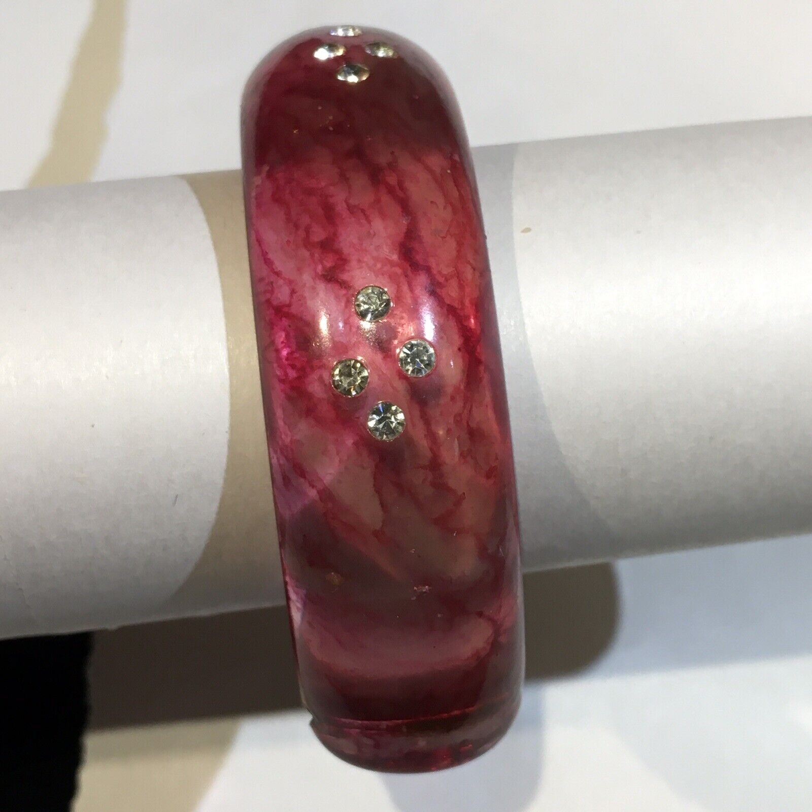 Prystal Rare Bakelite Hinged Pink Marble Overdye Prystal Bracelet W/ Glass Rhi ...