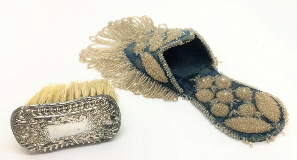 19th Century Victorian Iroquois Blue Beaded Slipper Shoe Wall Pocket & Brush - MissionGallery