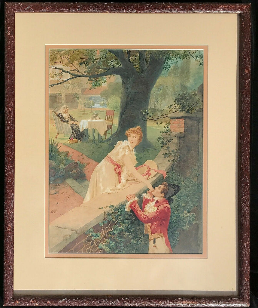 Early 20th C. Arthur J. Gough Watercolor Gouache, Two Lovers Sneaking A Kiss - MissionGallery