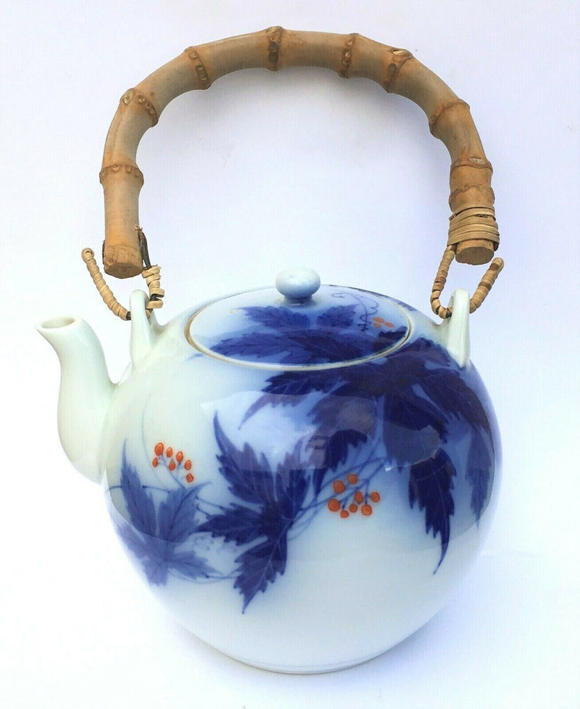 Late 19th c. Imari Porcelain Teapot with Fukagawa Orchid Mark & Bamboo Handle - MissionGallery