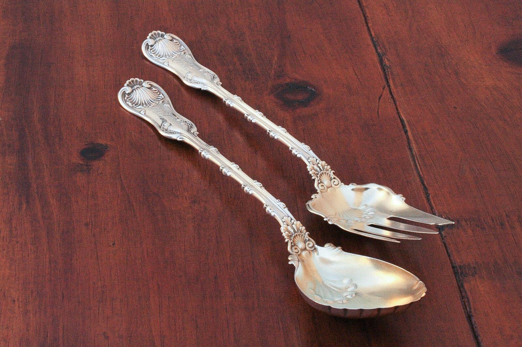 Whiting Sterling Long Serving Spoon & Fork Set, 12" Imperial Queen Pattern, 260g - MissionGallery