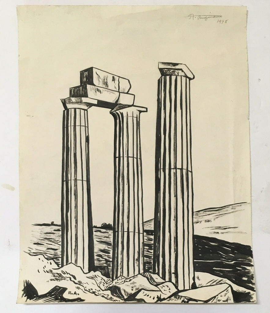 Original Signed 1948 Raul Anguiano Ink Drawing Roman Columns Important Mexico - MissionGallery