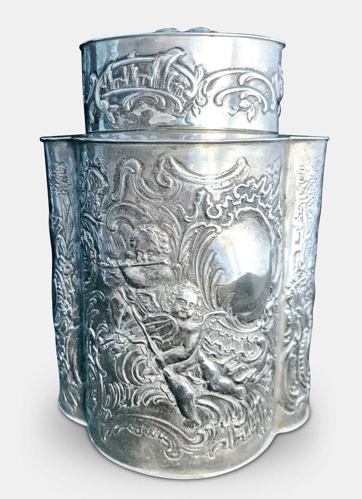 19th Century German Silver Repousse W/ Cherubs Tea Caddy, Large Heavy 366 g - MissionGallery
