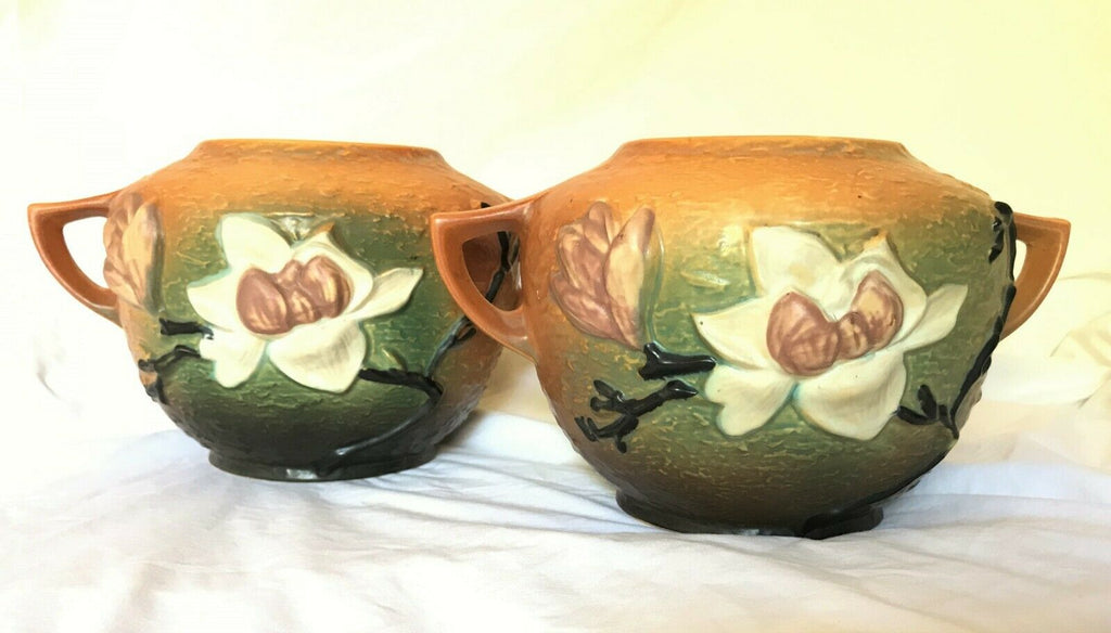 1940s Roseville Matched Pair Magnolia Pattern Vases #446-6, Zanesville, Ohio - MissionGallery