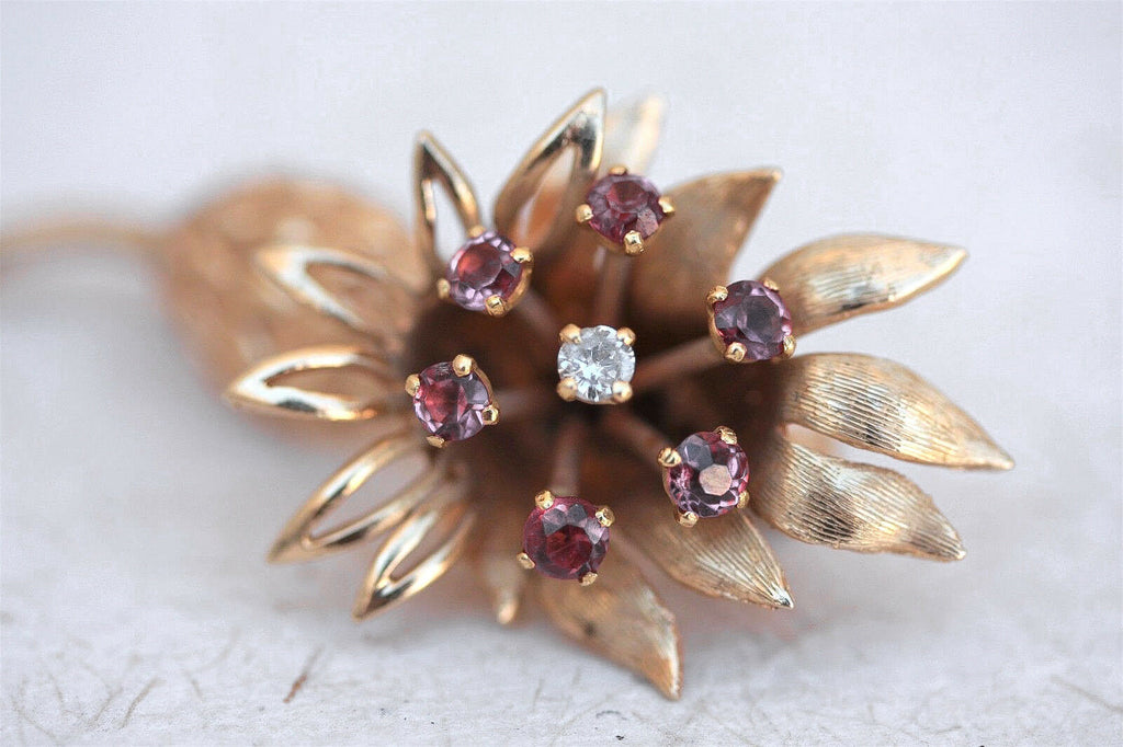 c.1950 Mid-Century 14K Gold Floral Bloom Pin with Pink Tourmalines & Diamond - MissionGallery