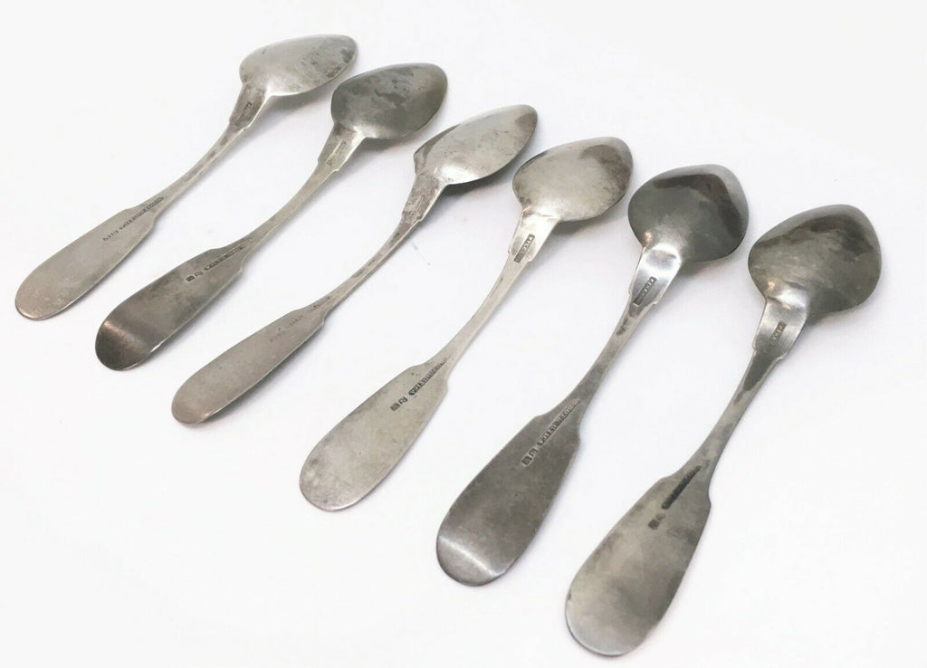 c. 1840 Set of 6 American Coin Silver Teaspoons, N. Roth Utica, NY w/ Orig. Box - MissionGallery