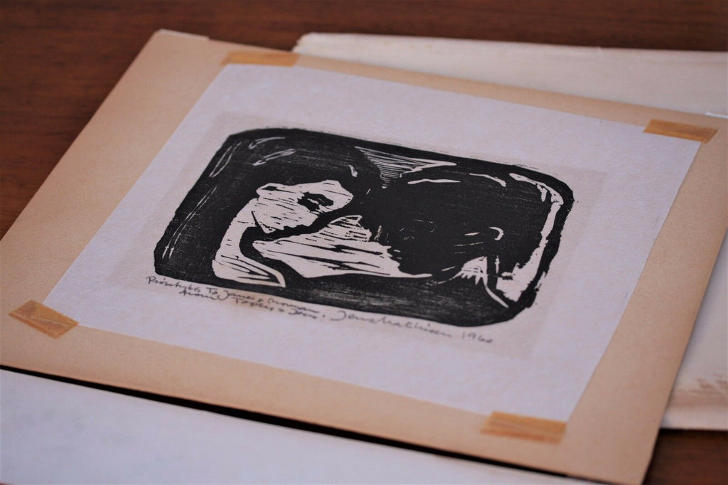 Jens Mathisen, Wood Cut Prints, Bull Dog "Bonnie" & Couple's portrait, 1960's - MissionGallery