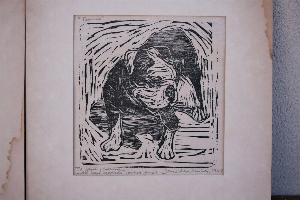 Jens Mathisen, Wood Cut Prints, Bull Dog "Bonnie" & Couple's portrait, 1960's - MissionGallery