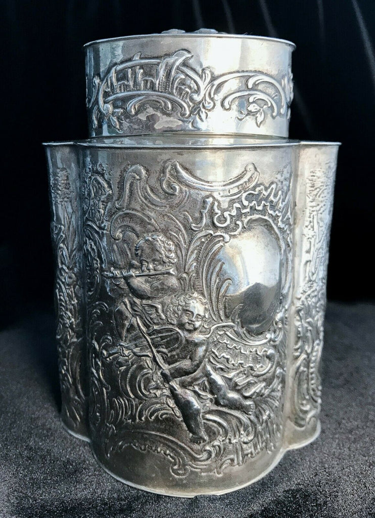19th Century German Silver Repousse W/ Cherubs Tea Caddy, Large Heavy 366 g - MissionGallery