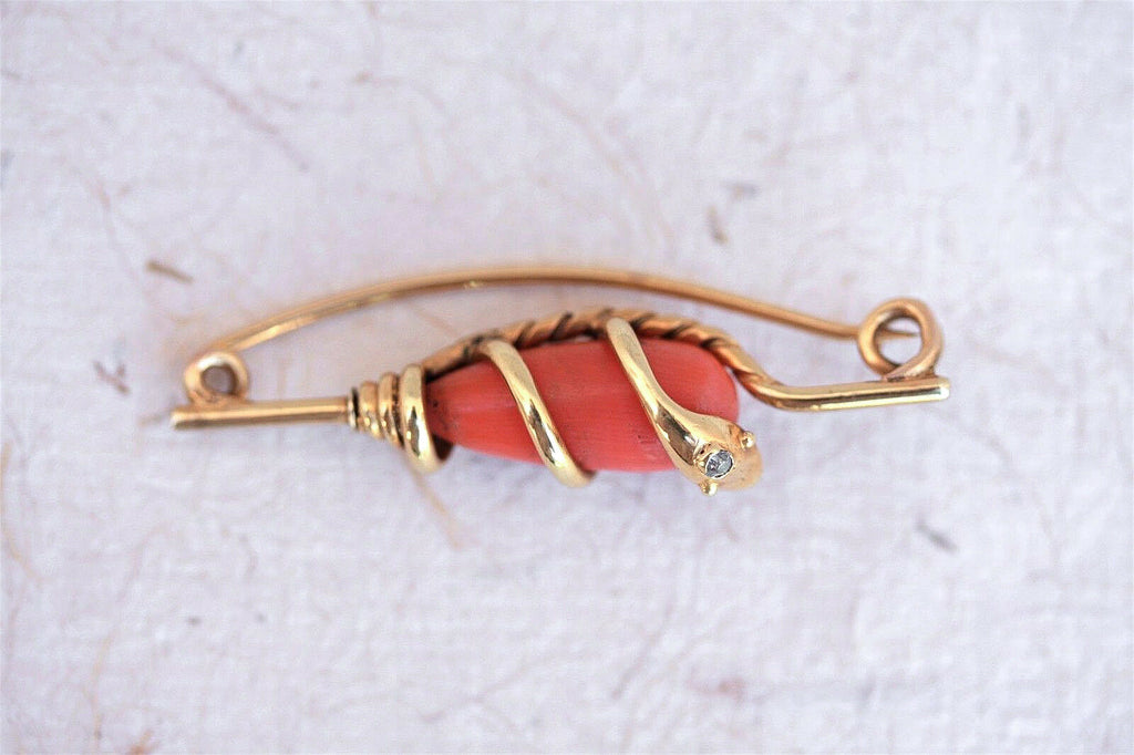 C.1820 12-15 K Gold, Coral, & Diamond Georgian  Snake Brooch - MissionGallery