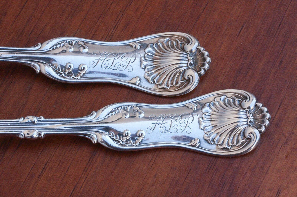Whiting Sterling Long Serving Spoon & Fork Set, 12" Imperial Queen Pattern, 260g - MissionGallery