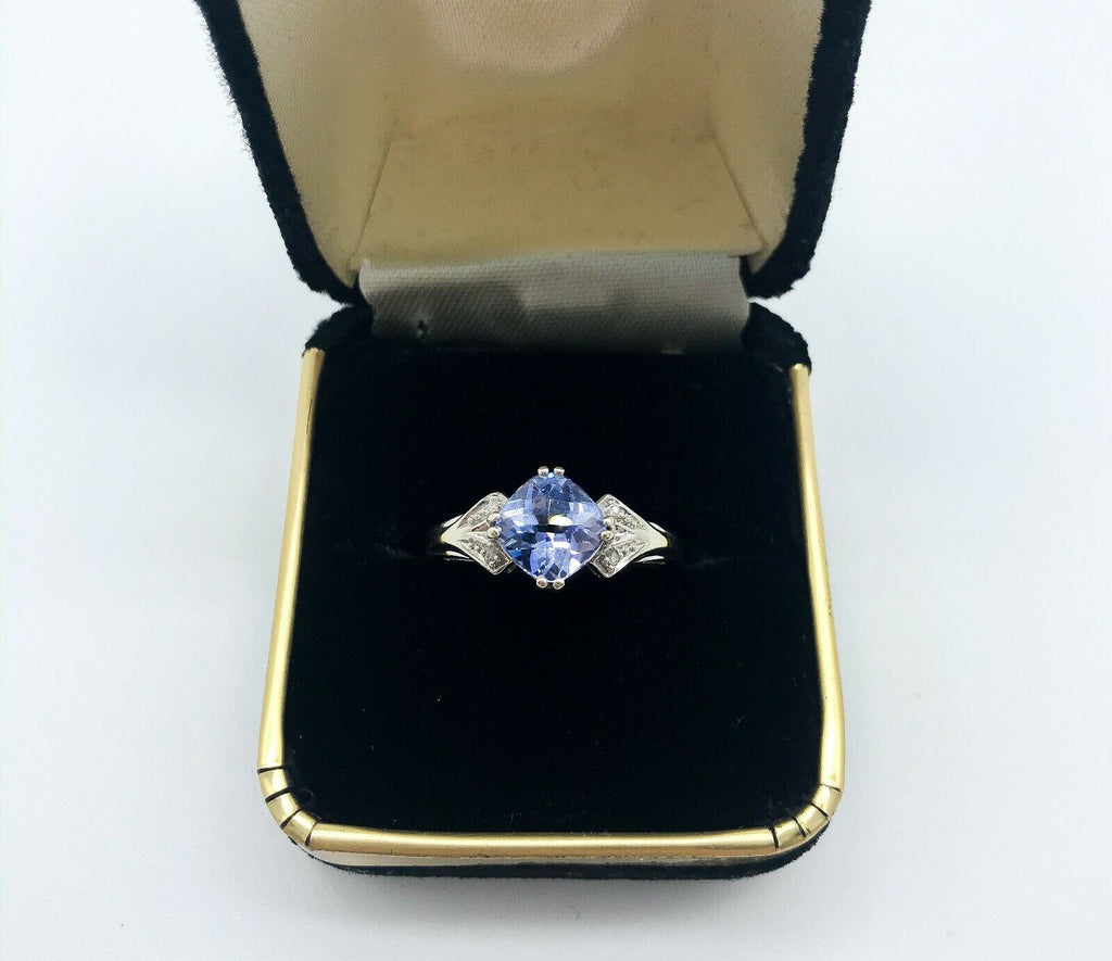1950s 10k White Gold, Blue Topaz & 4 tiny diamonds Ring  size 7 - MissionGallery