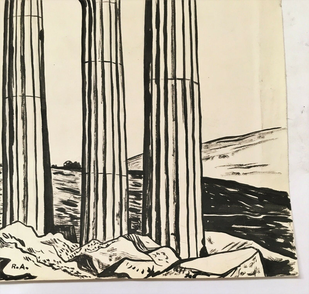 Original Signed 1948 Raul Anguiano Ink Drawing Roman Columns Important Mexico - MissionGallery