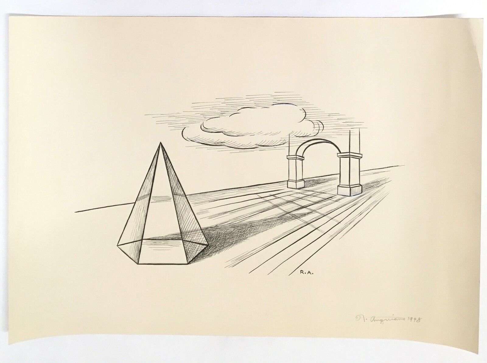 Dessin original 1948 signé Raul Anguiano architecture importante Mexique Dessin original 1948 signé Raul Anguiano architecture importante Mexique