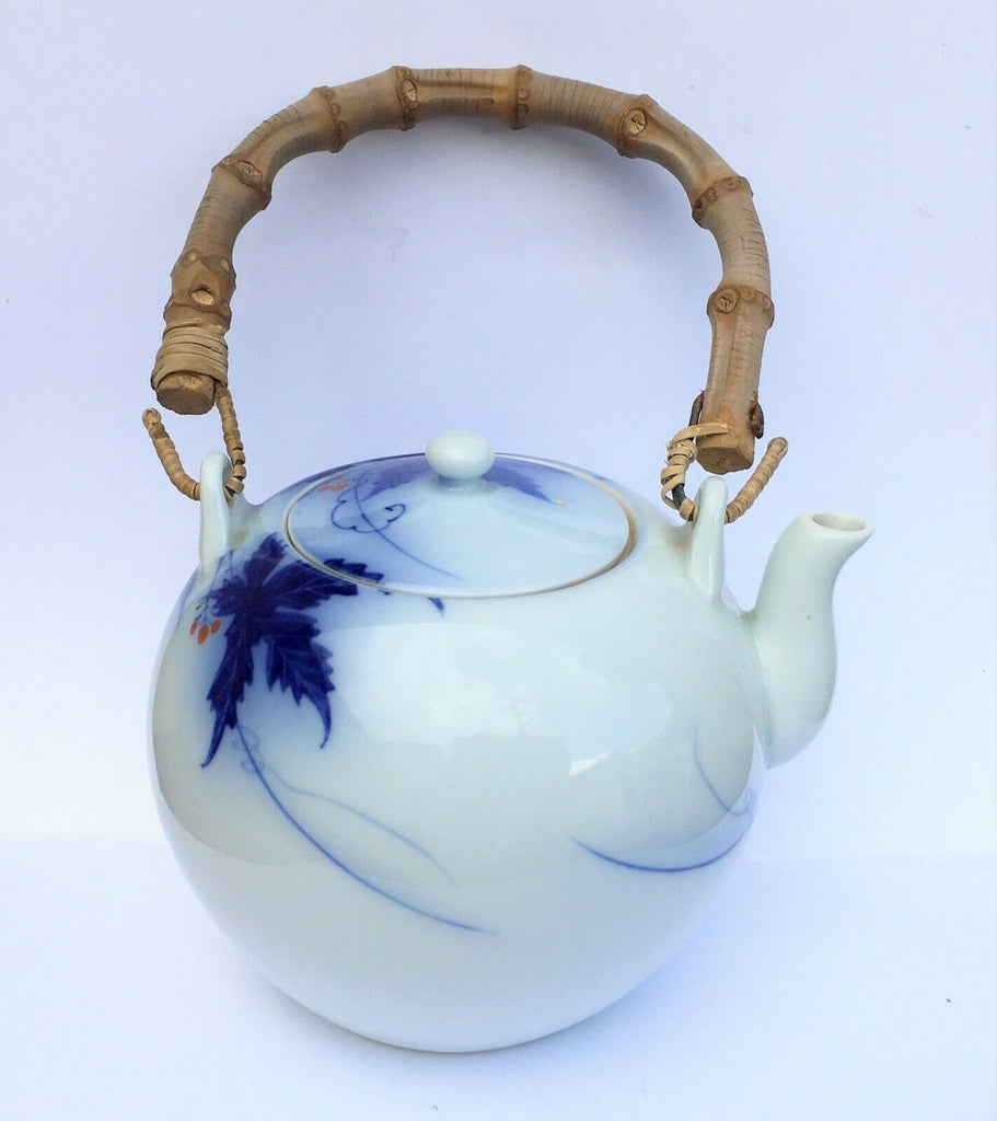 Late 19th c. Imari Porcelain Teapot with Fukagawa Orchid Mark & Bamboo Handle - MissionGallery