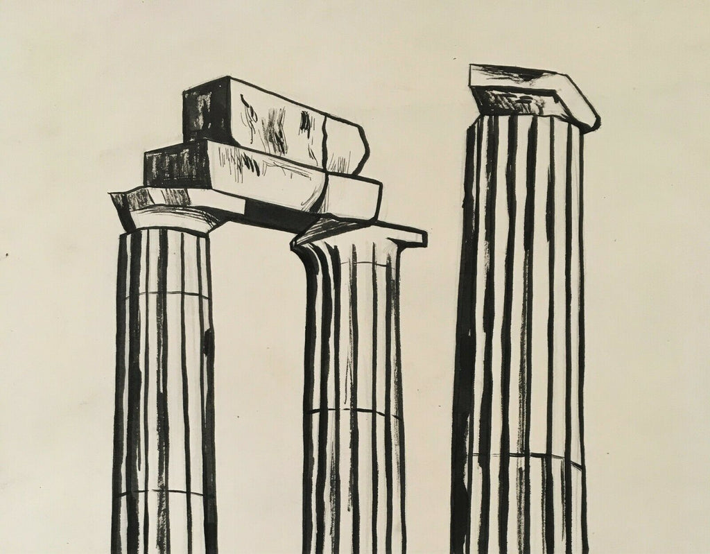 Original Signed 1948 Raul Anguiano Ink Drawing Roman Columns Important Mexico - MissionGallery