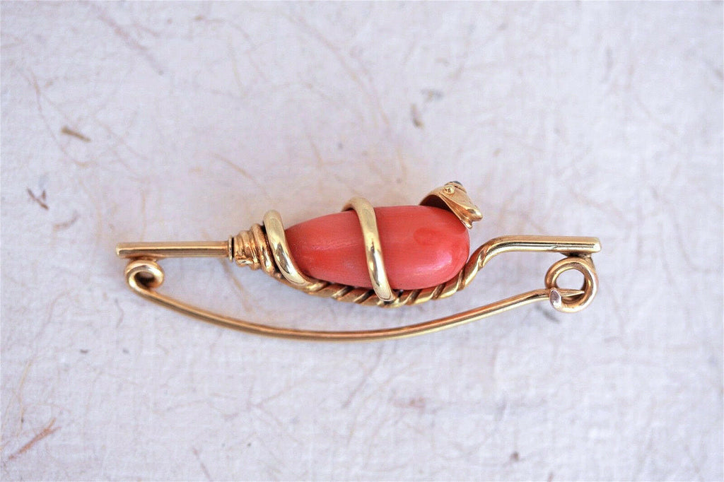 C.1820 12-15 K Gold, Coral, & Diamond Georgian  Snake Brooch - MissionGallery