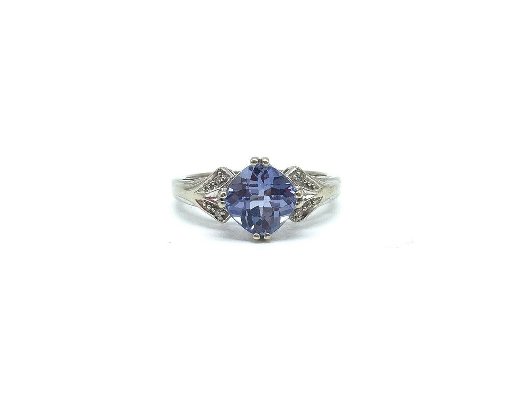 1950s 10k White Gold, Blue Topaz & 4 tiny diamonds Ring  size 7 - MissionGallery