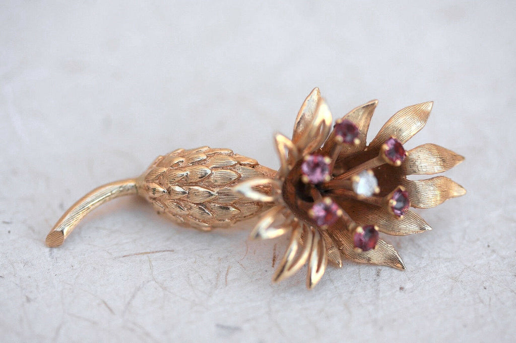 c.1950 Mid-Century 14K Gold Floral Bloom Pin with Pink Tourmalines & Diamond - MissionGallery