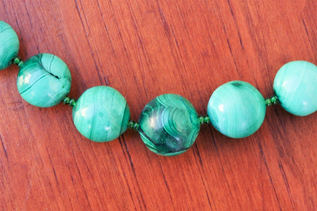 Vintage Graduated Malachite Necklace Strung with mini Green Glass Beads - MissionGallery