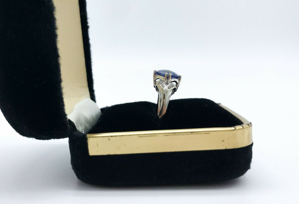 1950s 10k White Gold, Blue Topaz & 4 tiny diamonds Ring  size 7 - MissionGallery