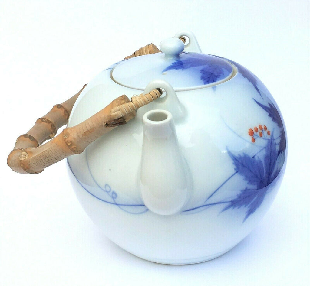 Late 19th c. Imari Porcelain Teapot with Fukagawa Orchid Mark & Bamboo Handle - MissionGallery