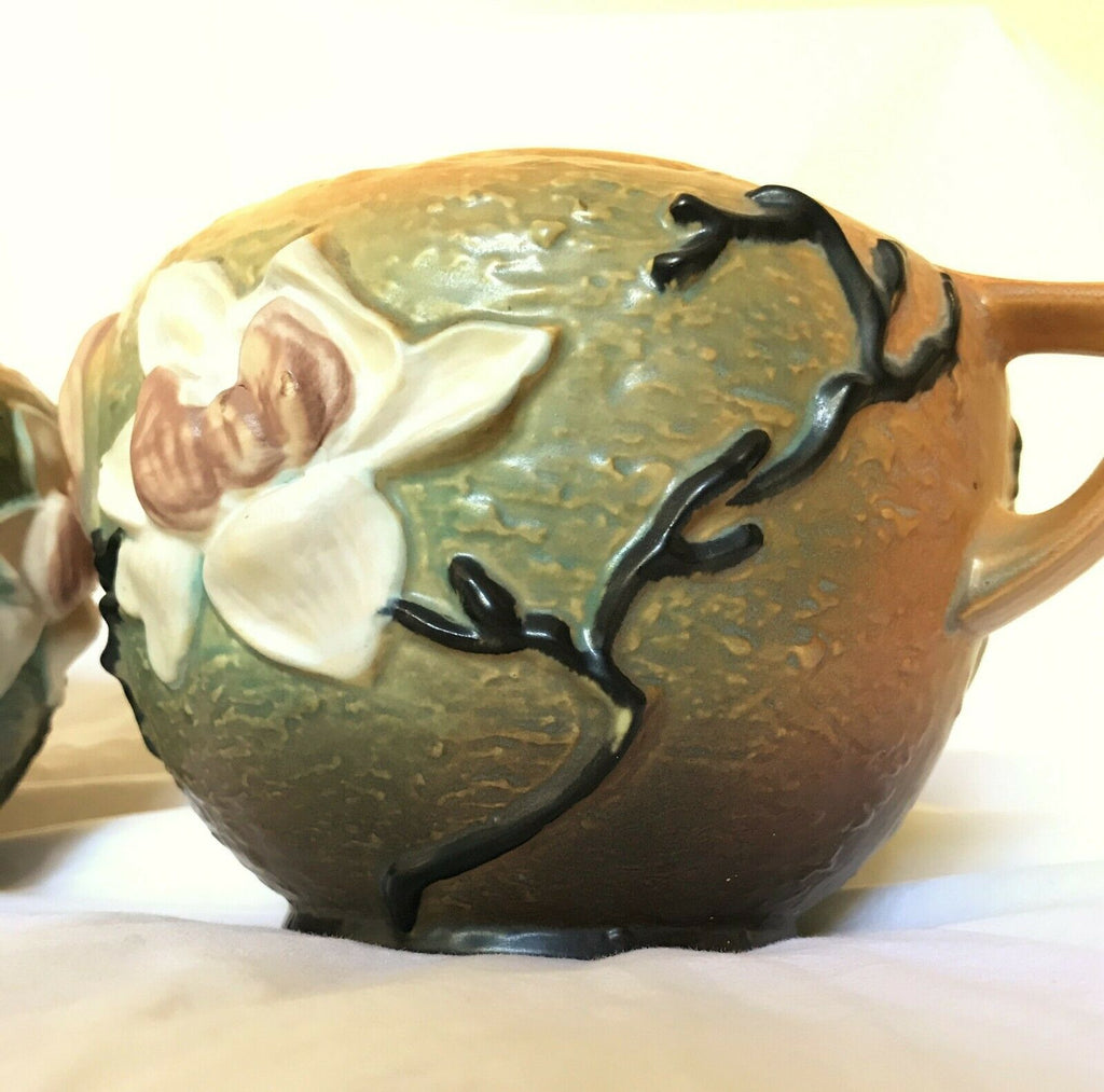 1940s Roseville Matched Pair Magnolia Pattern Vases #446-6, Zanesville, Ohio - MissionGallery