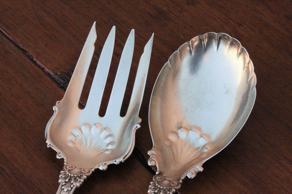 Whiting Sterling Long Serving Spoon & Fork Set, 12" Imperial Queen Pattern, 260g - MissionGallery